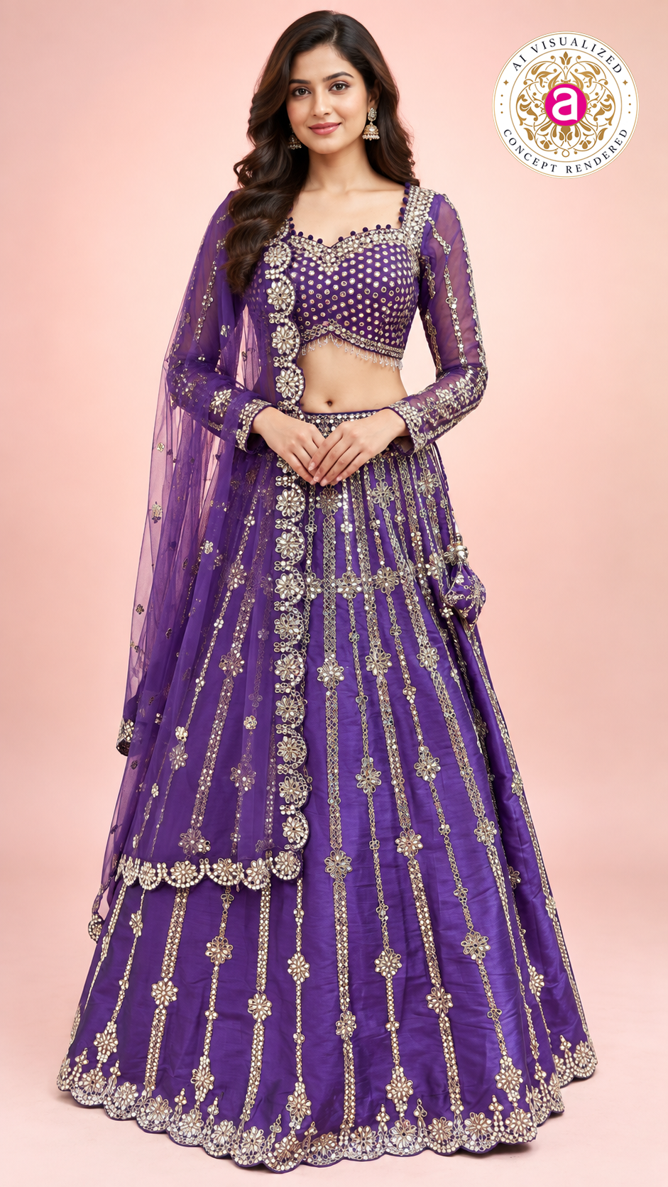 Royal Purple Embroidered Lehenga Choli Set with Sheer Dupatta