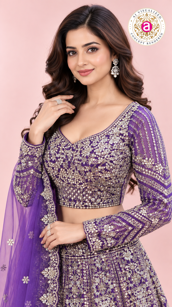 Royal Purple Heavy Embroidered Bridal Lehenga Choli Set with Dupatta
