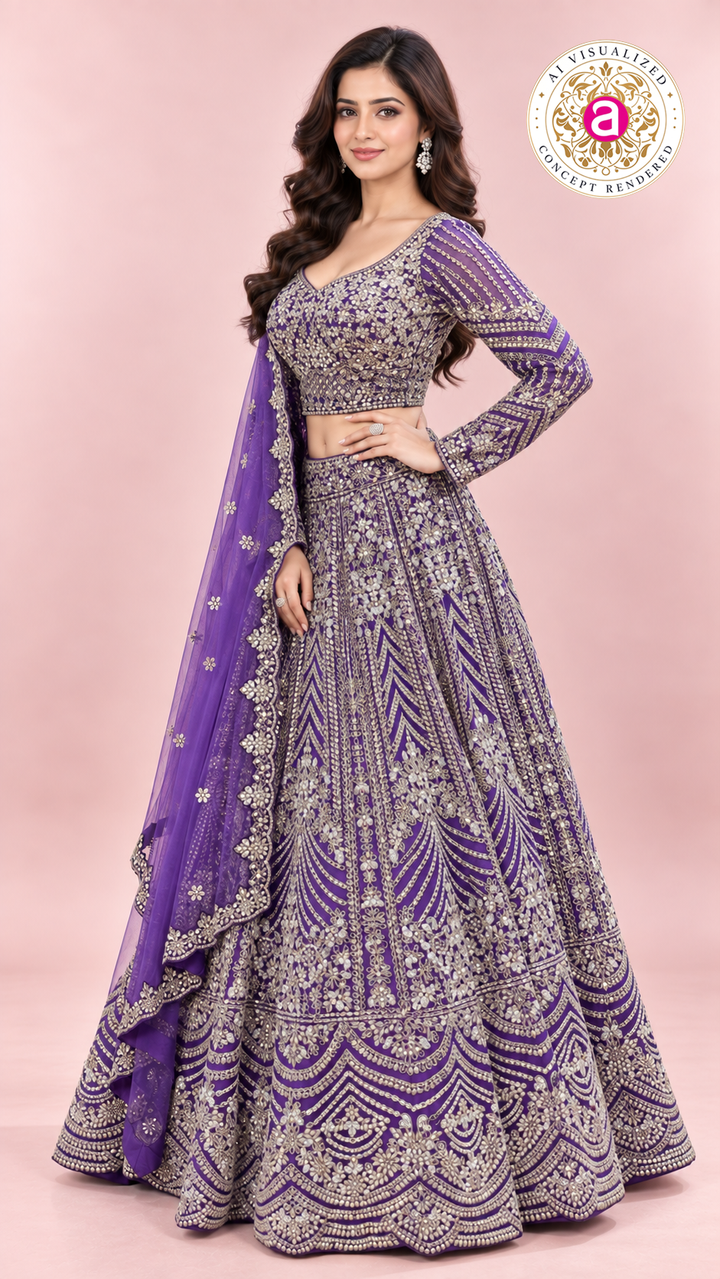 Royal Purple Heavy Embroidered Bridal Lehenga Choli Set with Dupatta