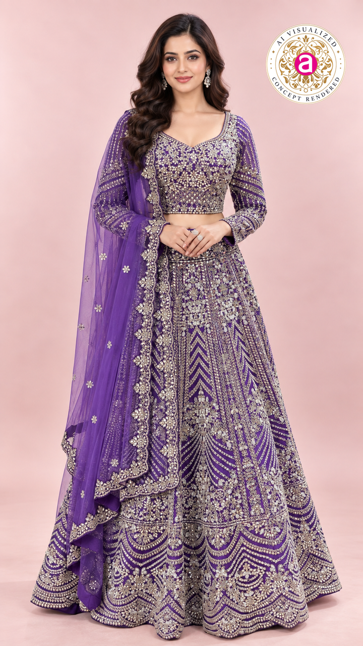 Royal Purple Heavy Embroidered Bridal Lehenga Choli Set with Dupatta