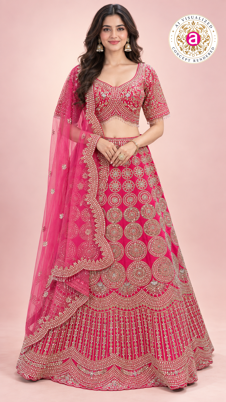 Royal Pink Embroidered Bridal Lehenga Choli Set with Net Dupatta