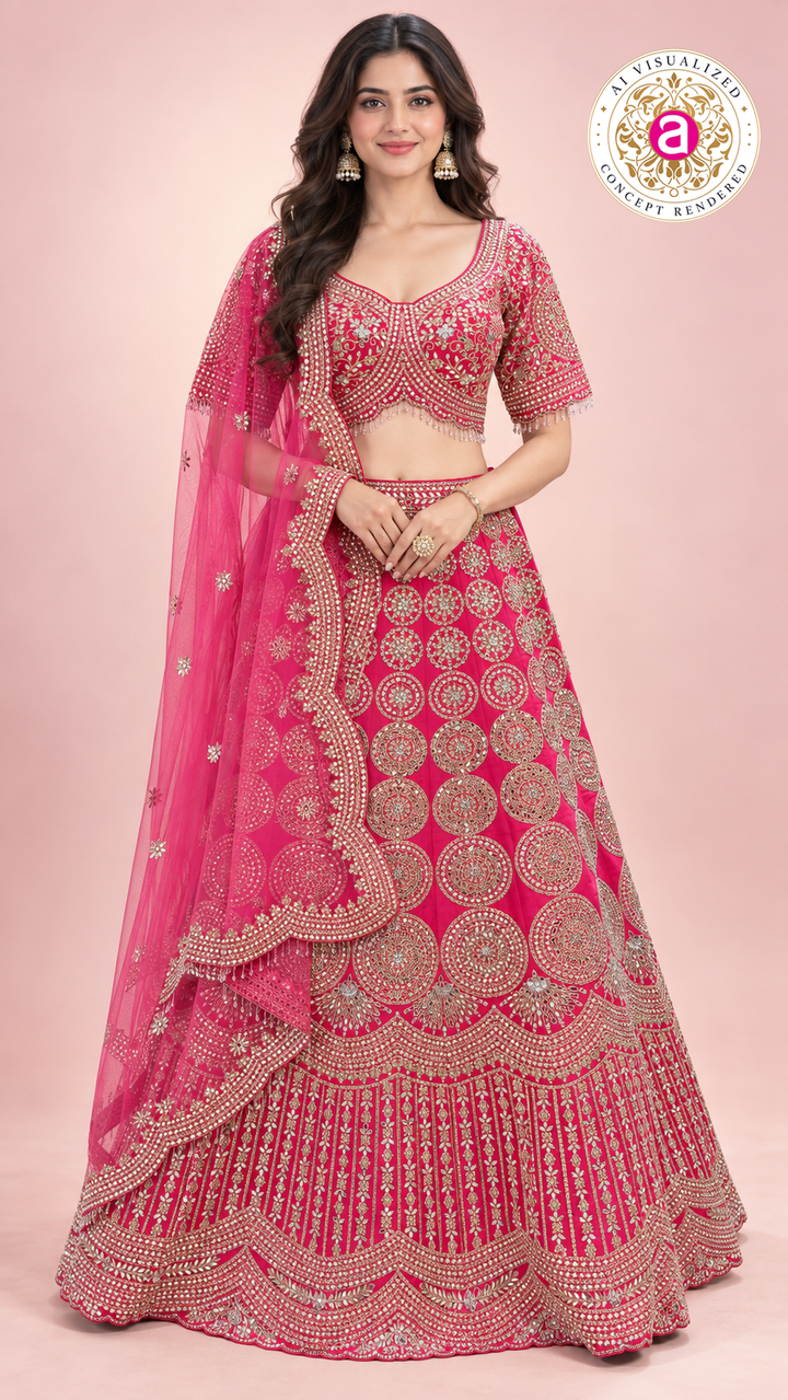 Royal Pink Embroidered Bridal Lehenga Choli Set with Net Dupatta