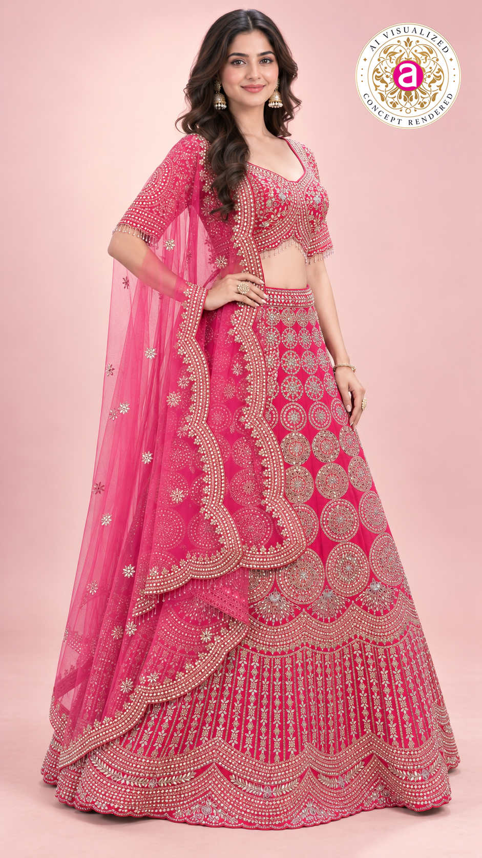 Royal Pink Embroidered Bridal Lehenga Choli Set with Net Dupatta