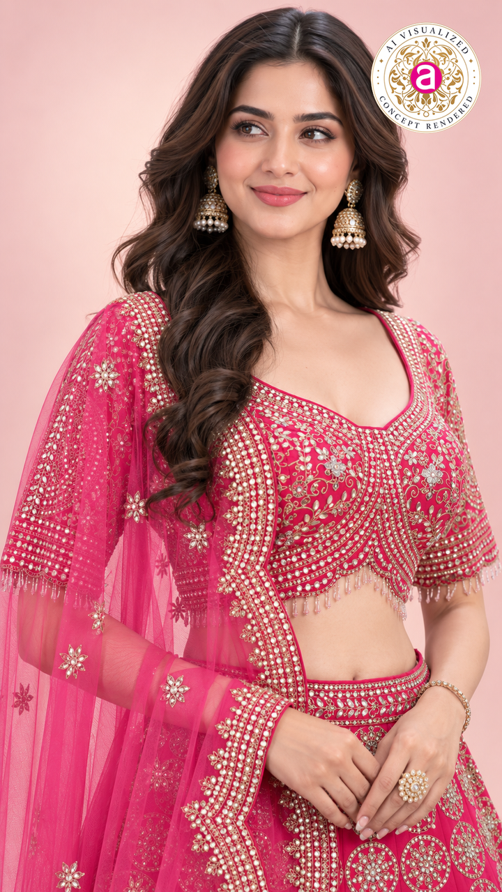 Royal Pink Embroidered Bridal Lehenga Choli Set with Net Dupatta