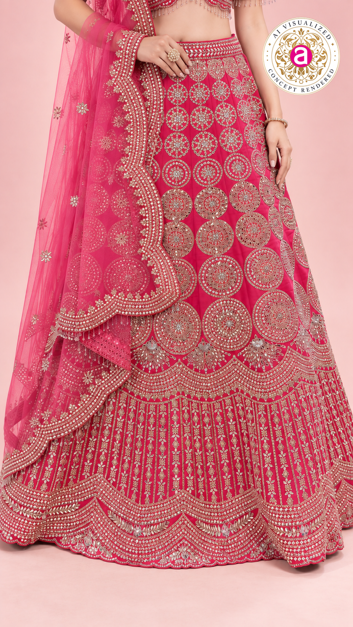 Royal Pink Embroidered Bridal Lehenga Choli Set with Net Dupatta