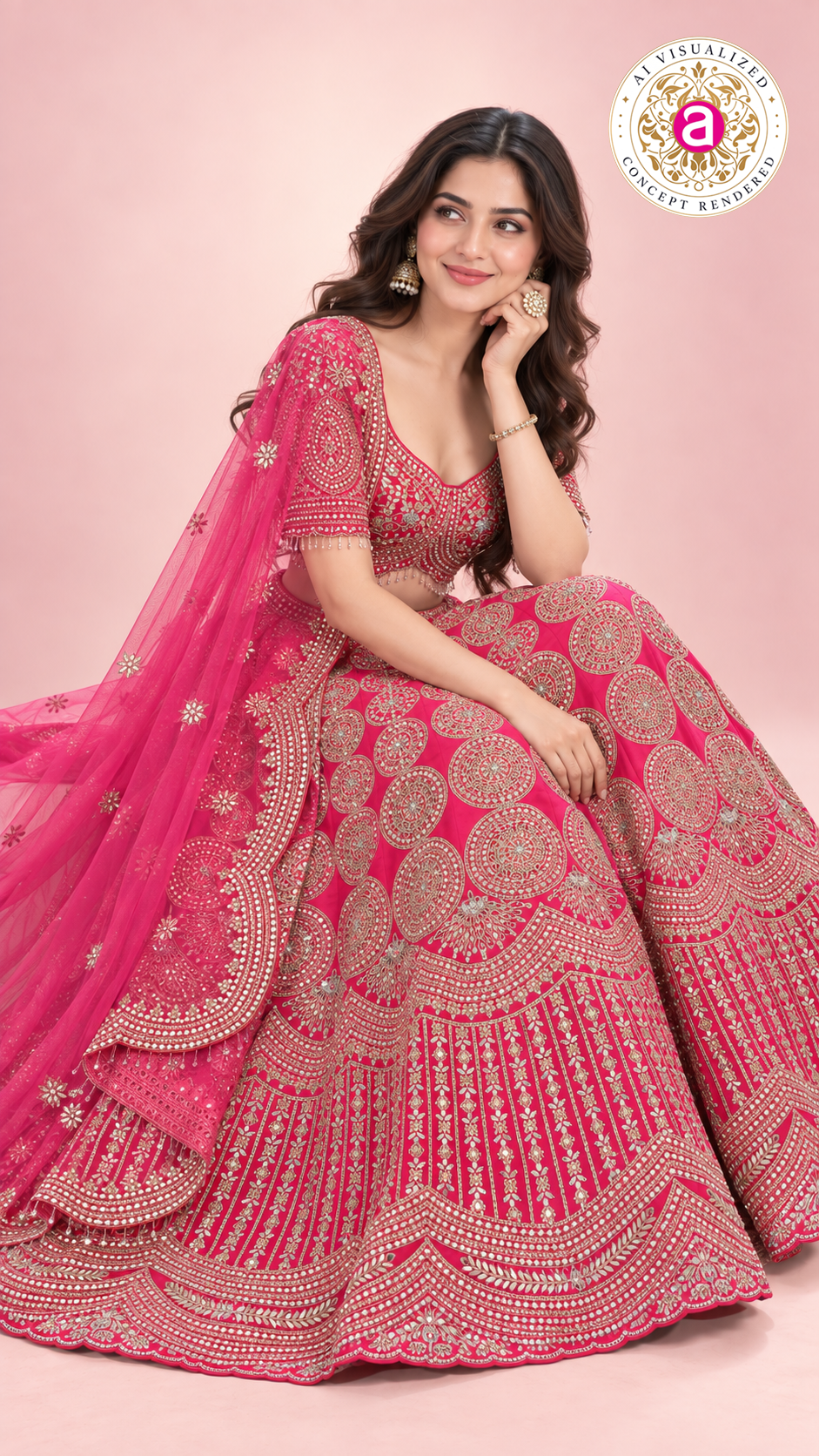 Royal Pink Embroidered Bridal Lehenga Choli Set with Net Dupatta