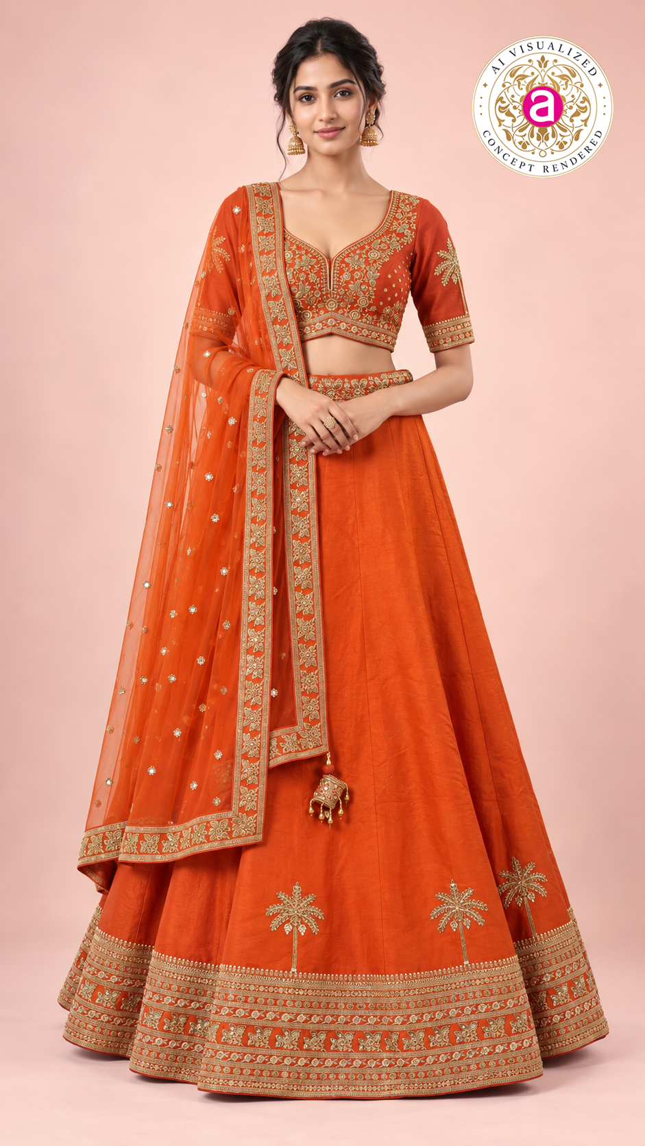 Vibrant Orange Embroidered Lehenga Choli Set with Sheer Dupatta