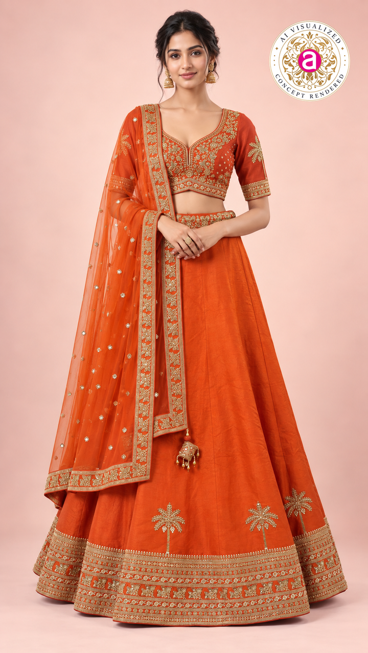 Vibrant Orange Embroidered Lehenga Choli Set with Sheer Dupatta