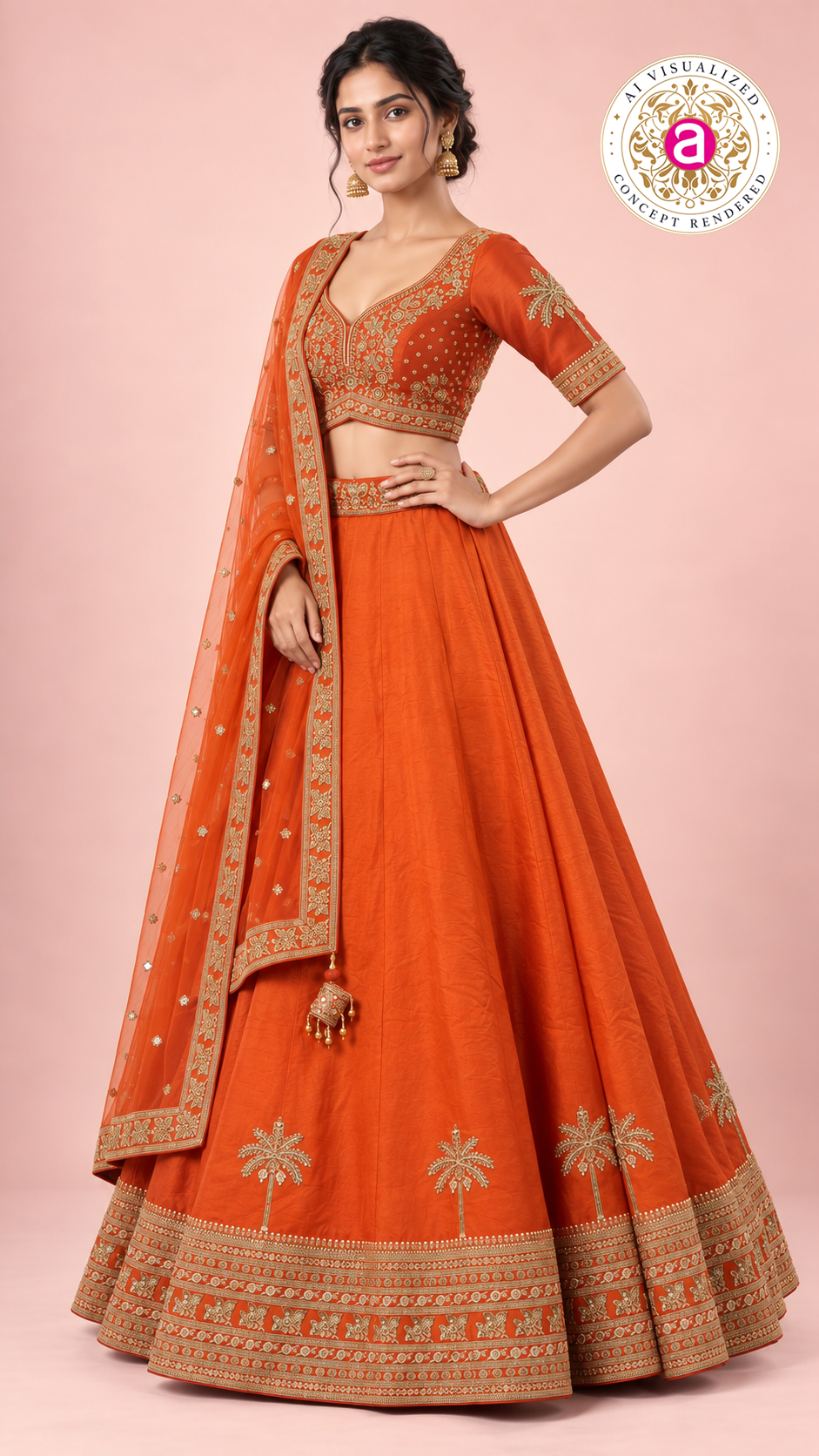 Vibrant Orange Embroidered Lehenga Choli Set with Sheer Dupatta