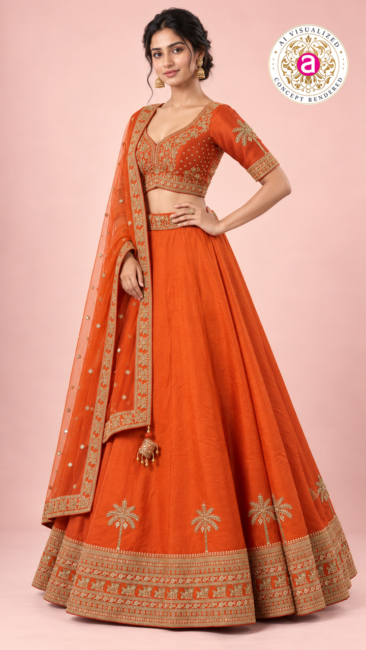 Vibrant Orange Embroidered Lehenga Choli Set with Sheer Dupatta