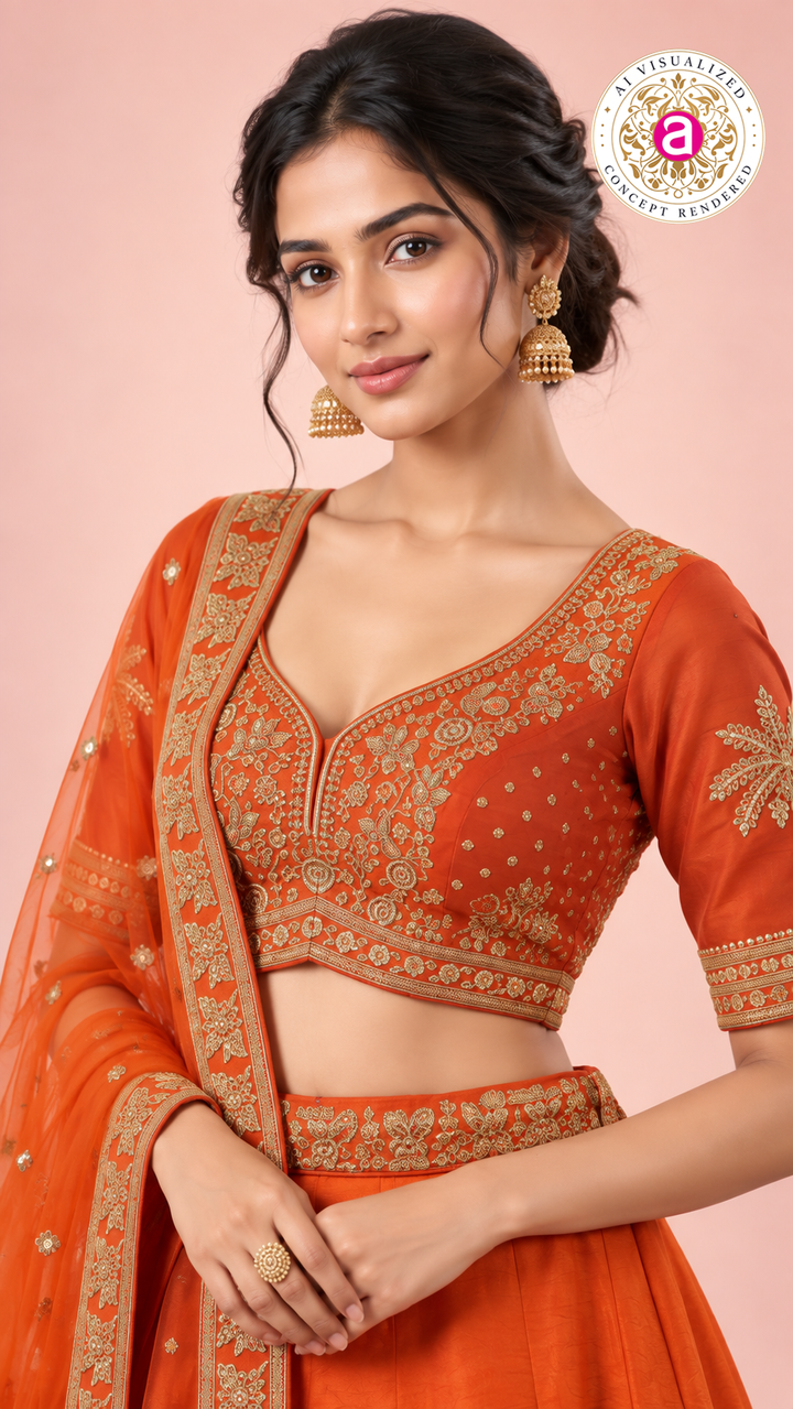 Vibrant Orange Embroidered Lehenga Choli Set with Sheer Dupatta