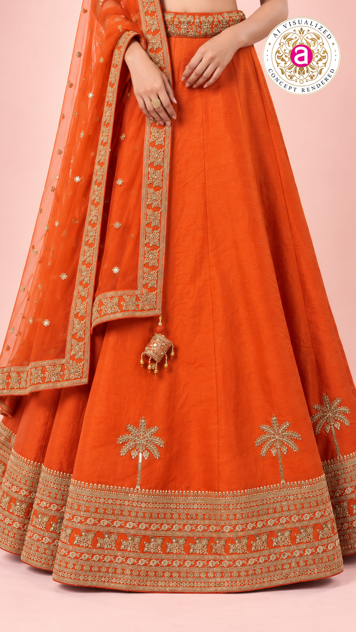 Vibrant Orange Embroidered Lehenga Choli Set with Sheer Dupatta