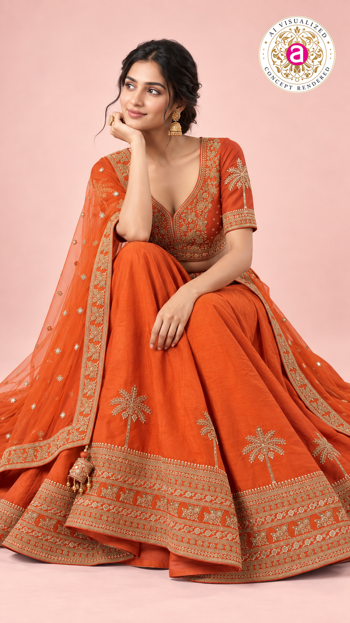 Vibrant Orange Embroidered Lehenga Choli Set with Sheer Dupatta