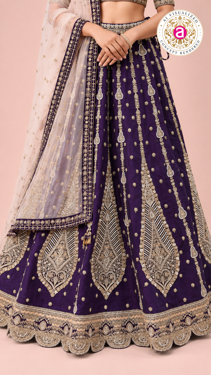Royal Deep Purple Embroidered Lehenga Choli Set with Ivory Dupatta