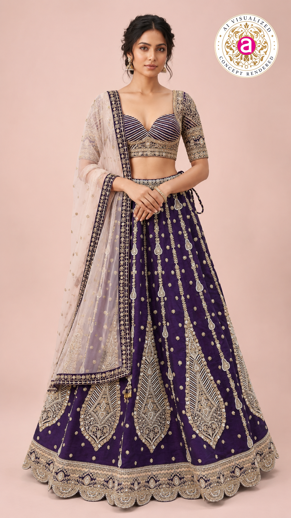 Royal Deep Purple Embroidered Lehenga Choli Set with Ivory Dupatta