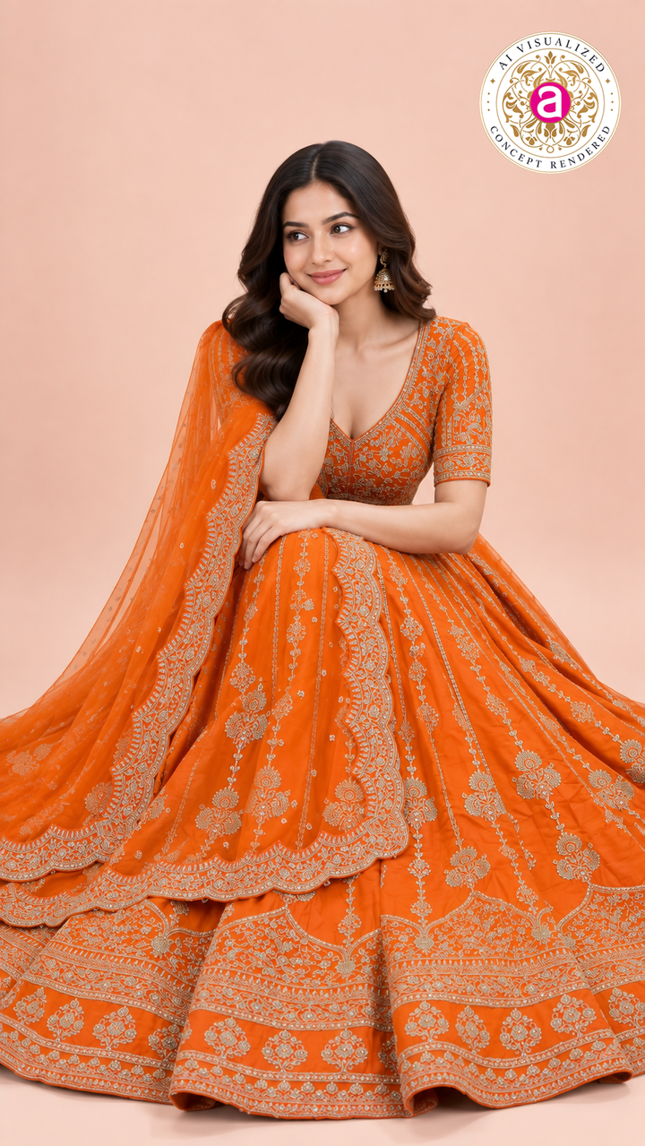 Bright Orange Embroidered Lehenga Choli Set with Dupatta