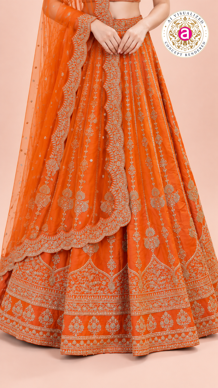 Bright Orange Embroidered Lehenga Choli Set with Dupatta