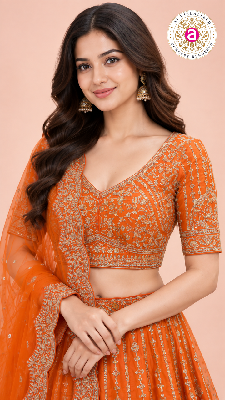 Bright Orange Embroidered Lehenga Choli Set with Dupatta