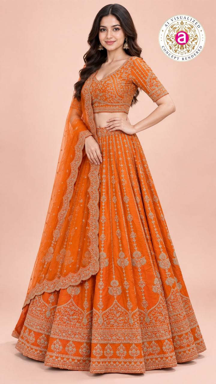 Bright Orange Embroidered Lehenga Choli Set with Dupatta