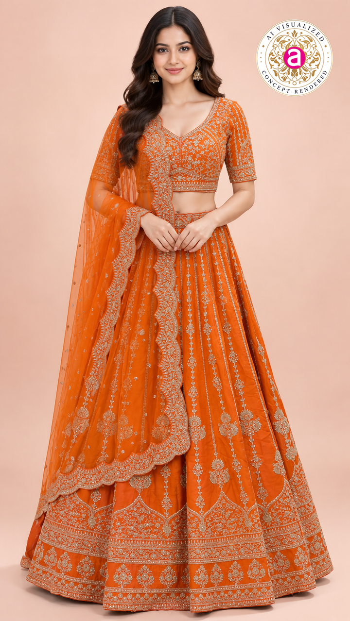 Bright Orange Embroidered Lehenga Choli Set with Dupatta
