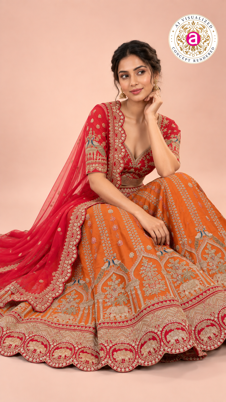 Royal Red Blouse with Orange Embroidered Bridal Lehenga and Dupatta
