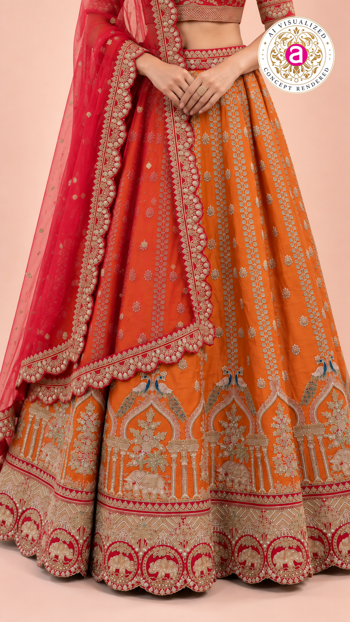 Royal Red Blouse with Orange Embroidered Bridal Lehenga and Dupatta