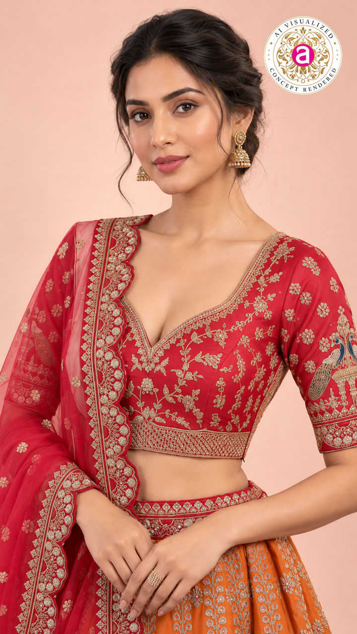 Royal Red Blouse with Orange Embroidered Bridal Lehenga and Dupatta