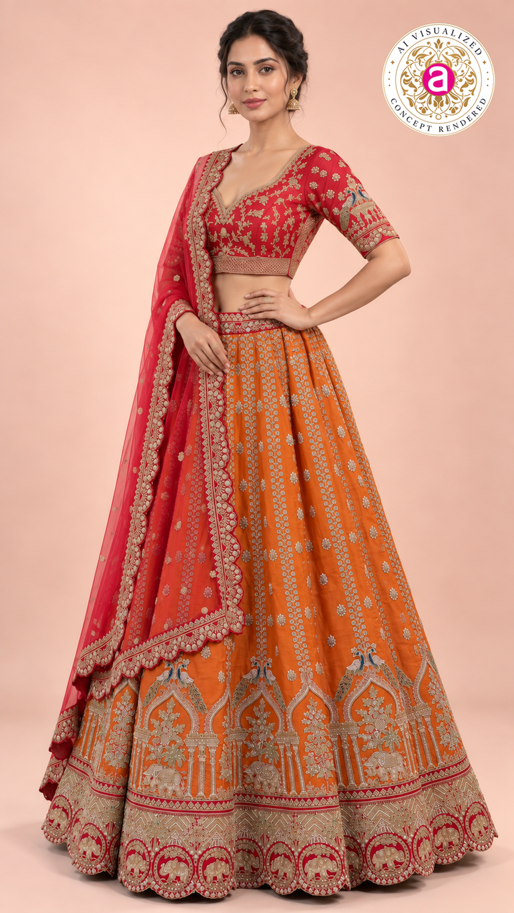 Royal Red Blouse with Orange Embroidered Bridal Lehenga and Dupatta