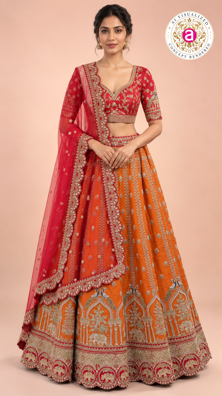Royal Red Blouse with Orange Embroidered Bridal Lehenga and Dupatta