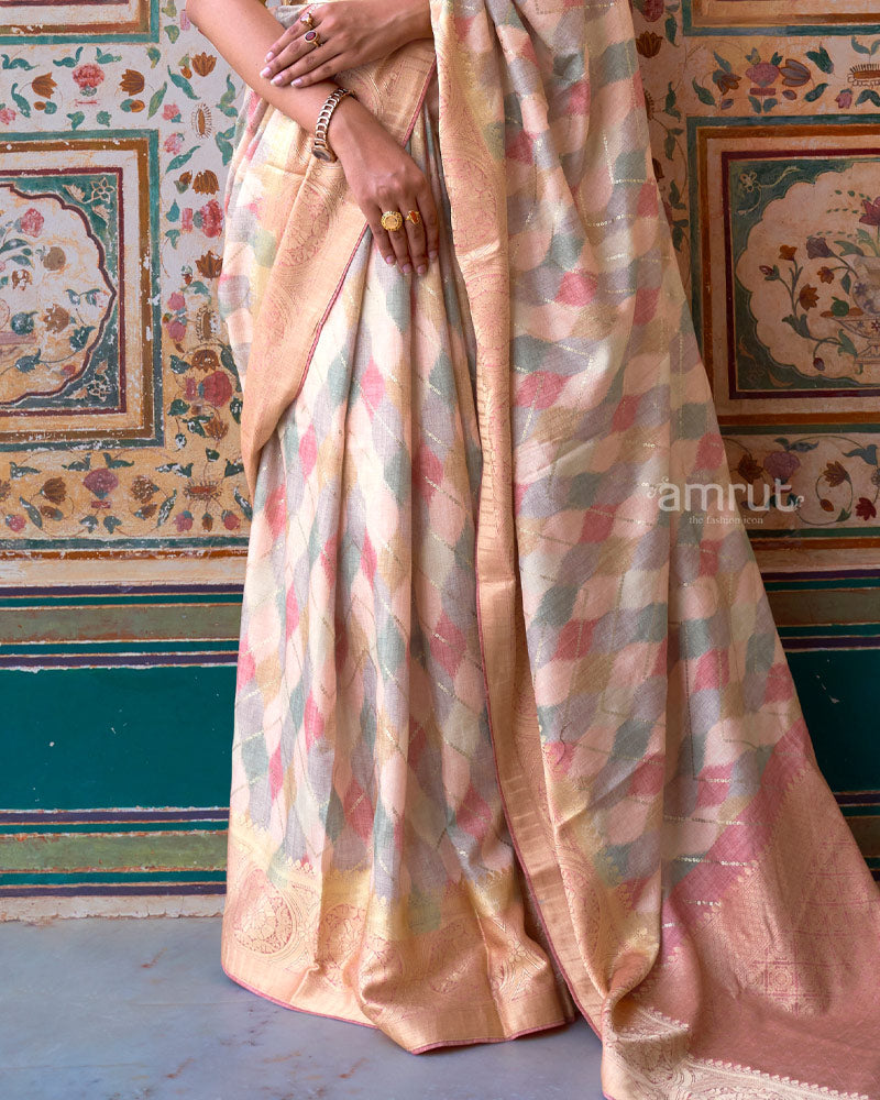 Cherry Blossom Digital Printed Zari Woven Silk Saree With Unstitched Blouse