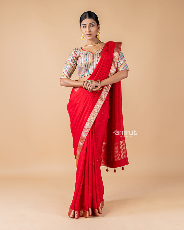 Cherry Red Georgette Saree With Stitched Blouse