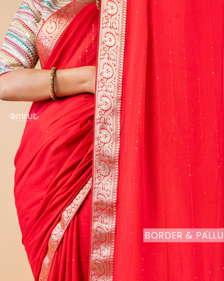 Cherry Red Georgette Saree With Stitched Blouse