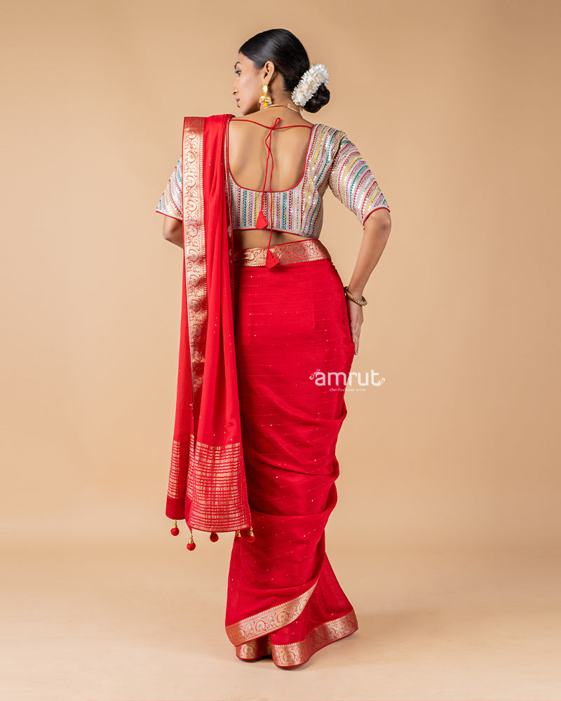 Cherry Red Georgette Saree With Stitched Blouse