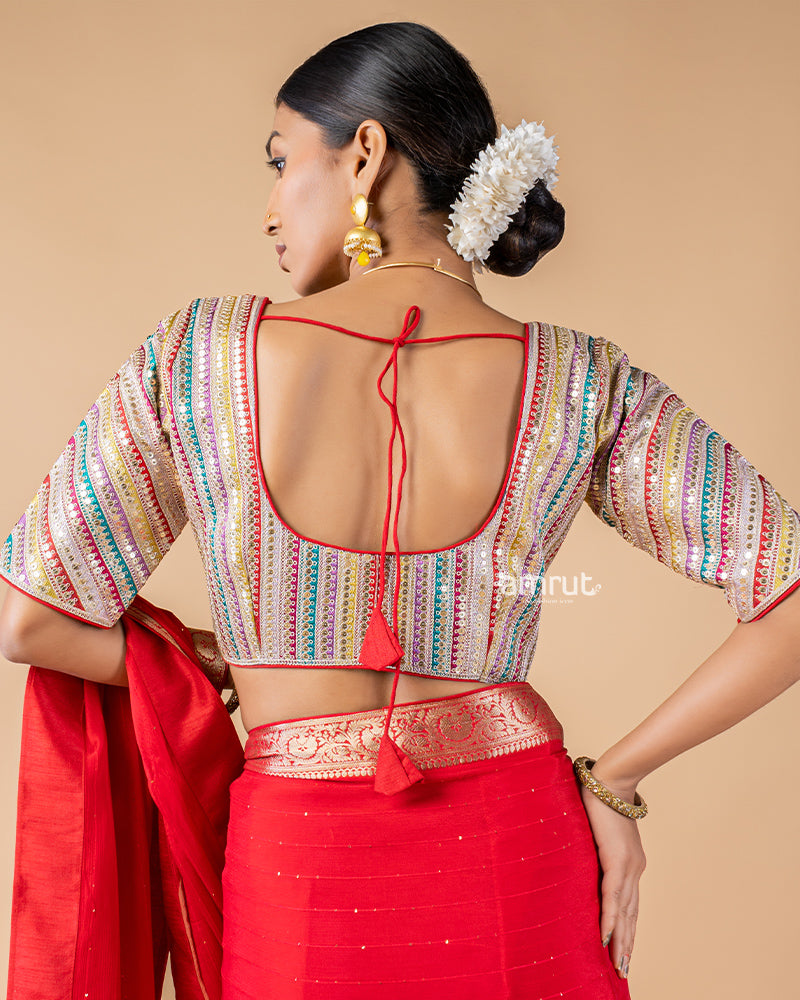 Cherry Red Georgette Saree With Stitched Blouse