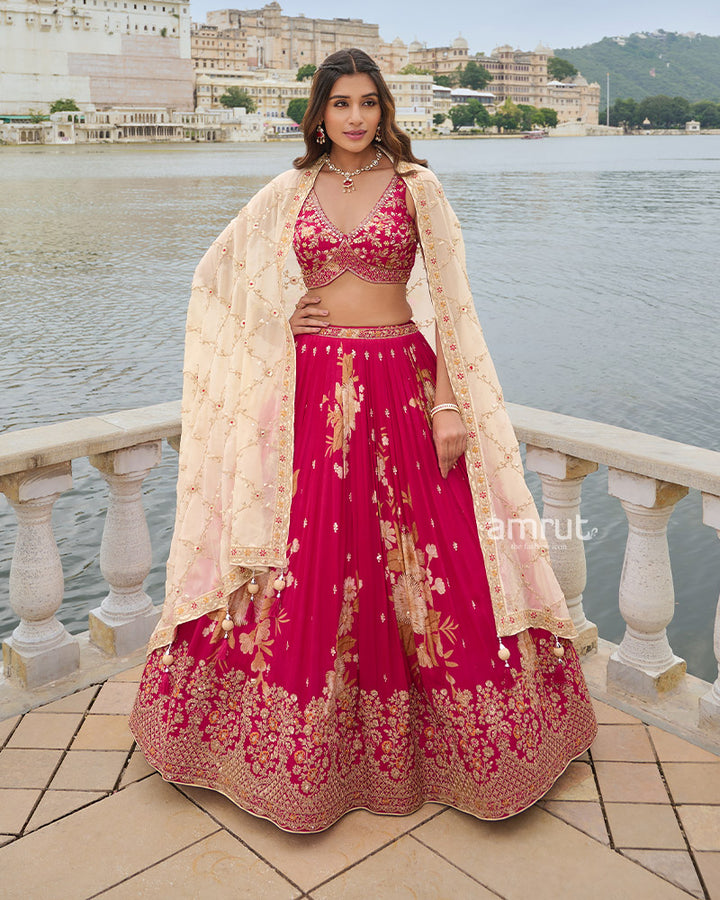 Cherry Red Floral Print Lehenga Choli with Cream Dupatta 01