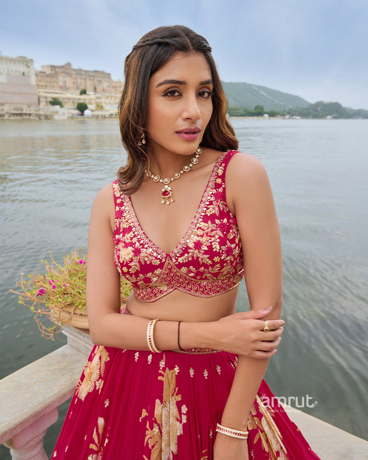 Cherry Red Floral Print Lehenga Choli with Cream Dupatta 02