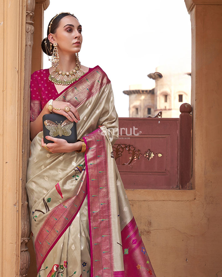 Chikoo Cotton Silk Printed Saree With Figure Detail Pallu and Unstitched Blouse Piece