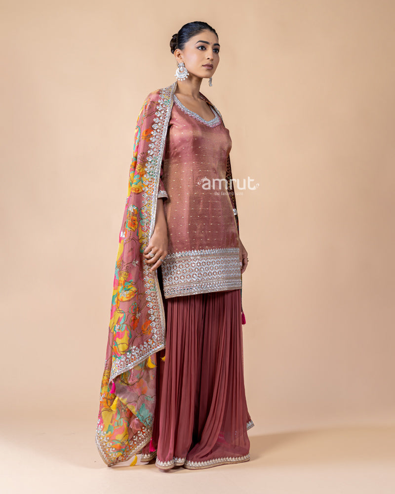 Copper Red Palazzo Set with Floral Printed Dupatta