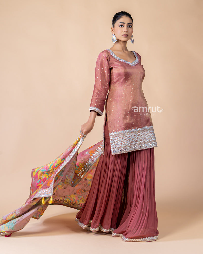 Copper Red Palazzo Set with Floral Printed Dupatta