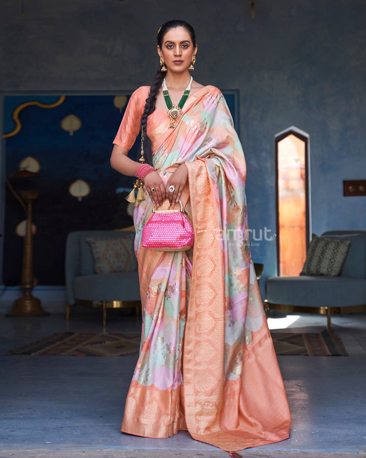 Coral Orange Foil Printed Silk Saree With Unstitched Blouse