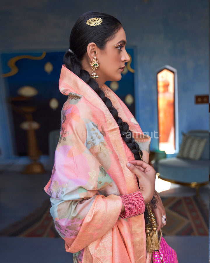 Coral Orange Foil Printed Silk Saree With Unstitched Blouse