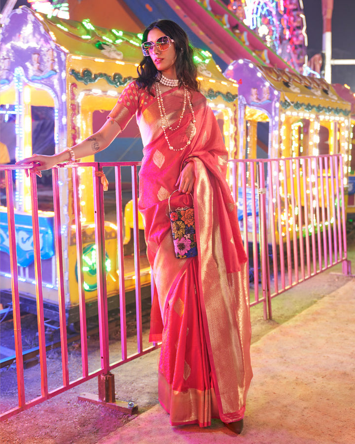 Coral Red Banarasi Silk Saree With Zari Woven Broad Border