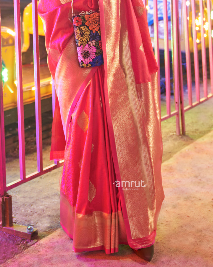 Coral Red Banarasi Silk Saree With Zari Woven Broad Border