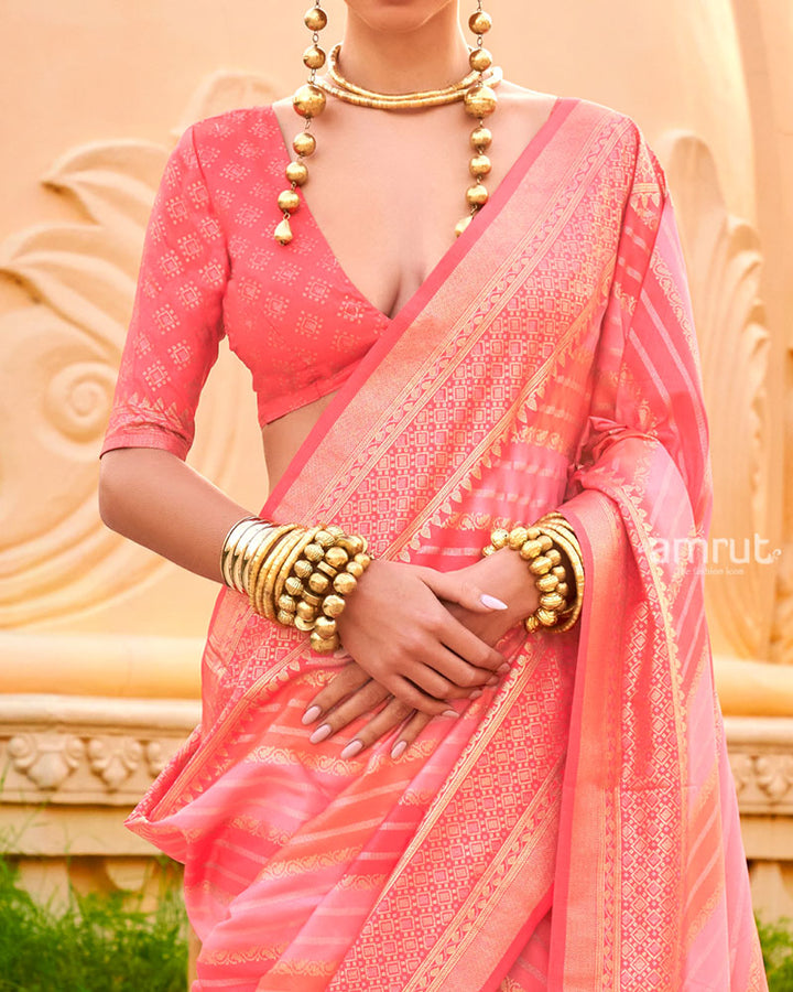 Coral Peach Printed Silk Saree with Unstitched Blouse 03