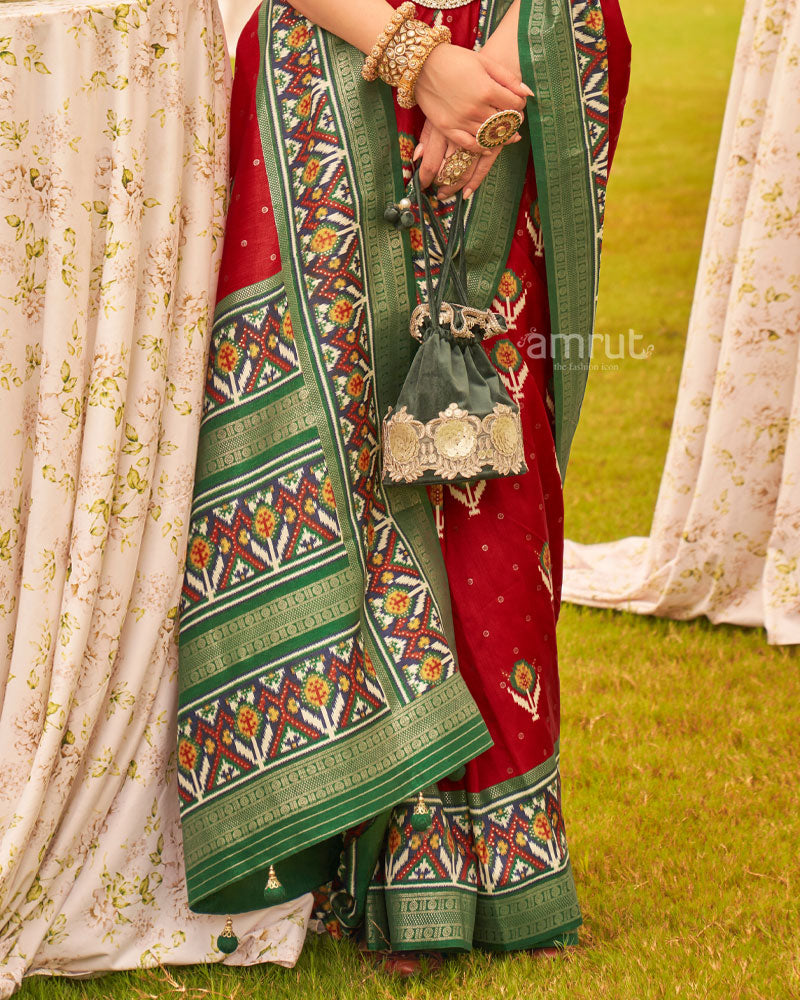 Cornell Red Cotton Silk Saree With Unstitched Blouse