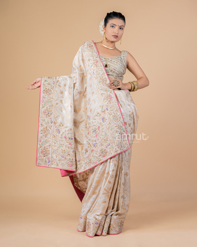 Cream Banarasi Jacquard Silk Saree With Unstitched Blouse