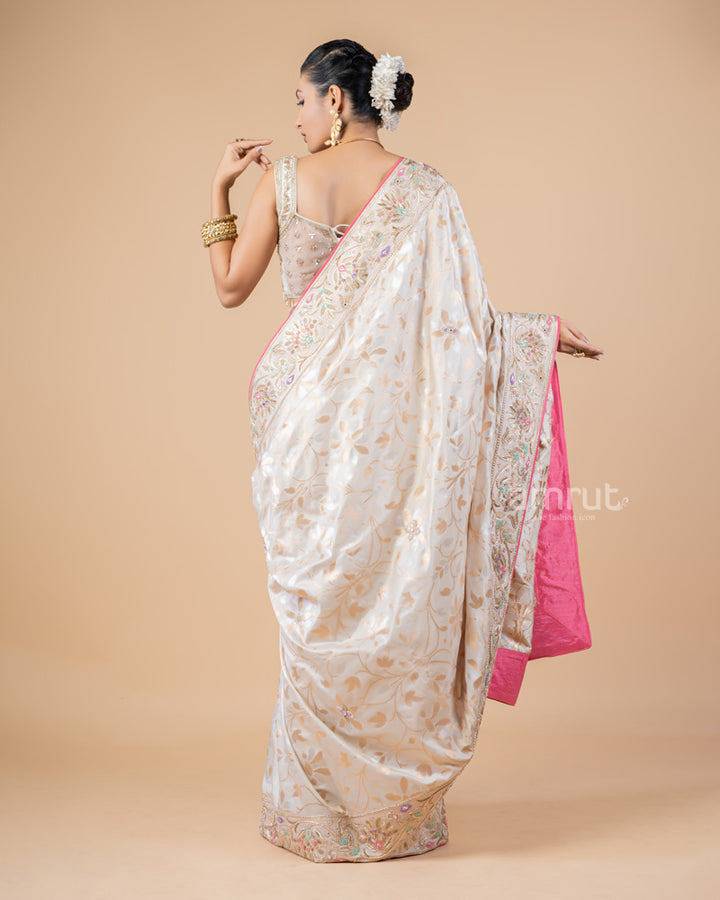 Cream Banarasi Jacquard Silk Saree With Unstitched Blouse