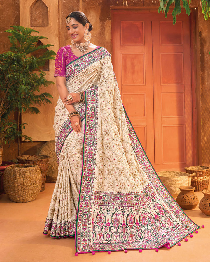 Cream Kachhi Work Saree With Unstitched Blouse