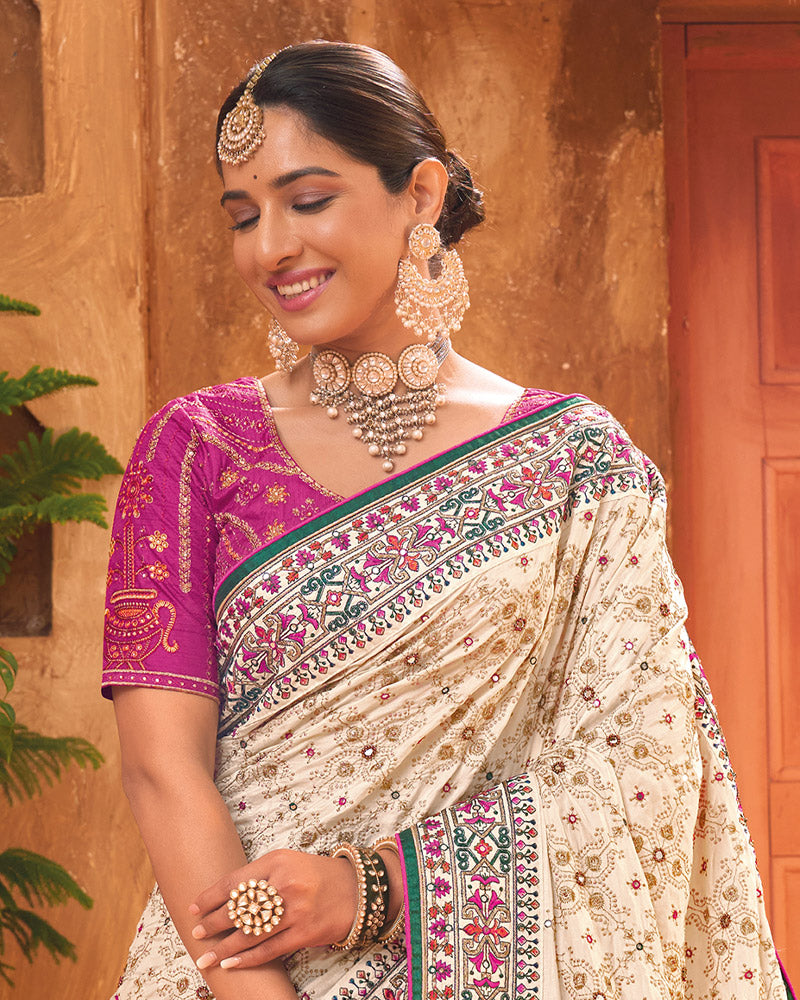 Cream Kachhi Work Saree With Unstitched Blouse