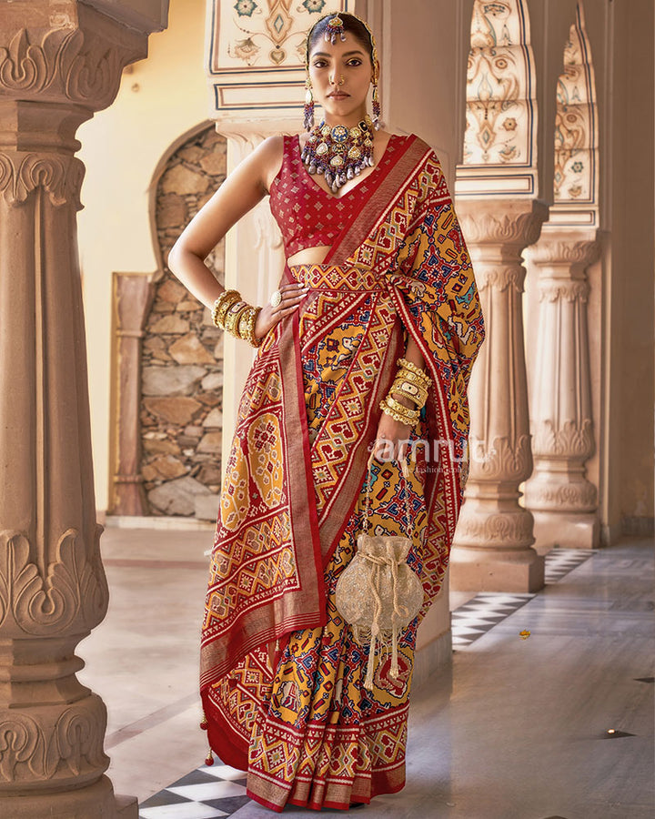 Cream Double Ikat Patola Saree in Cotton Silk With an Unstitched Blouse